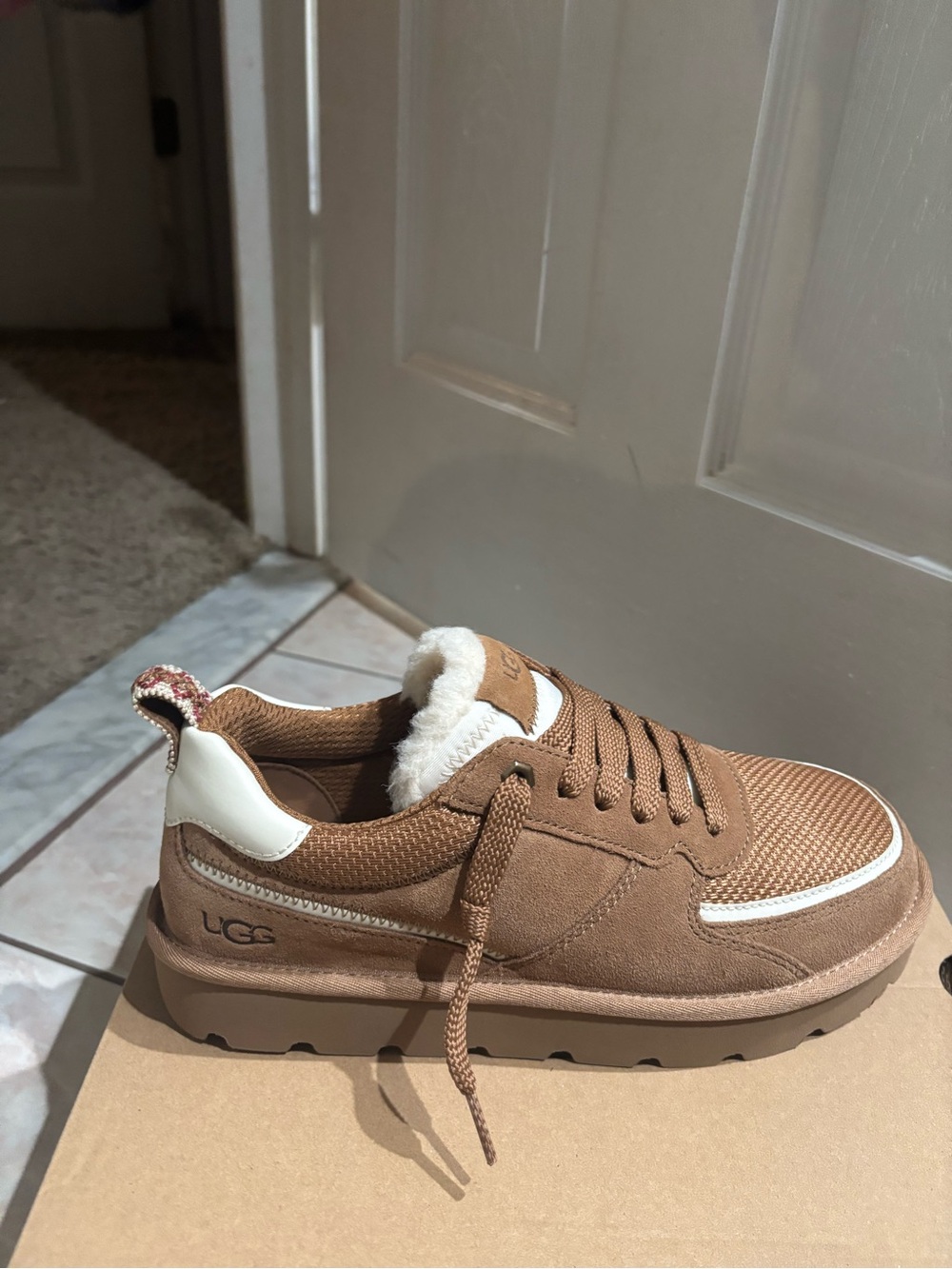 UGG Chestnut Brown Suede & Mesh Sneaker with Shearling Trim